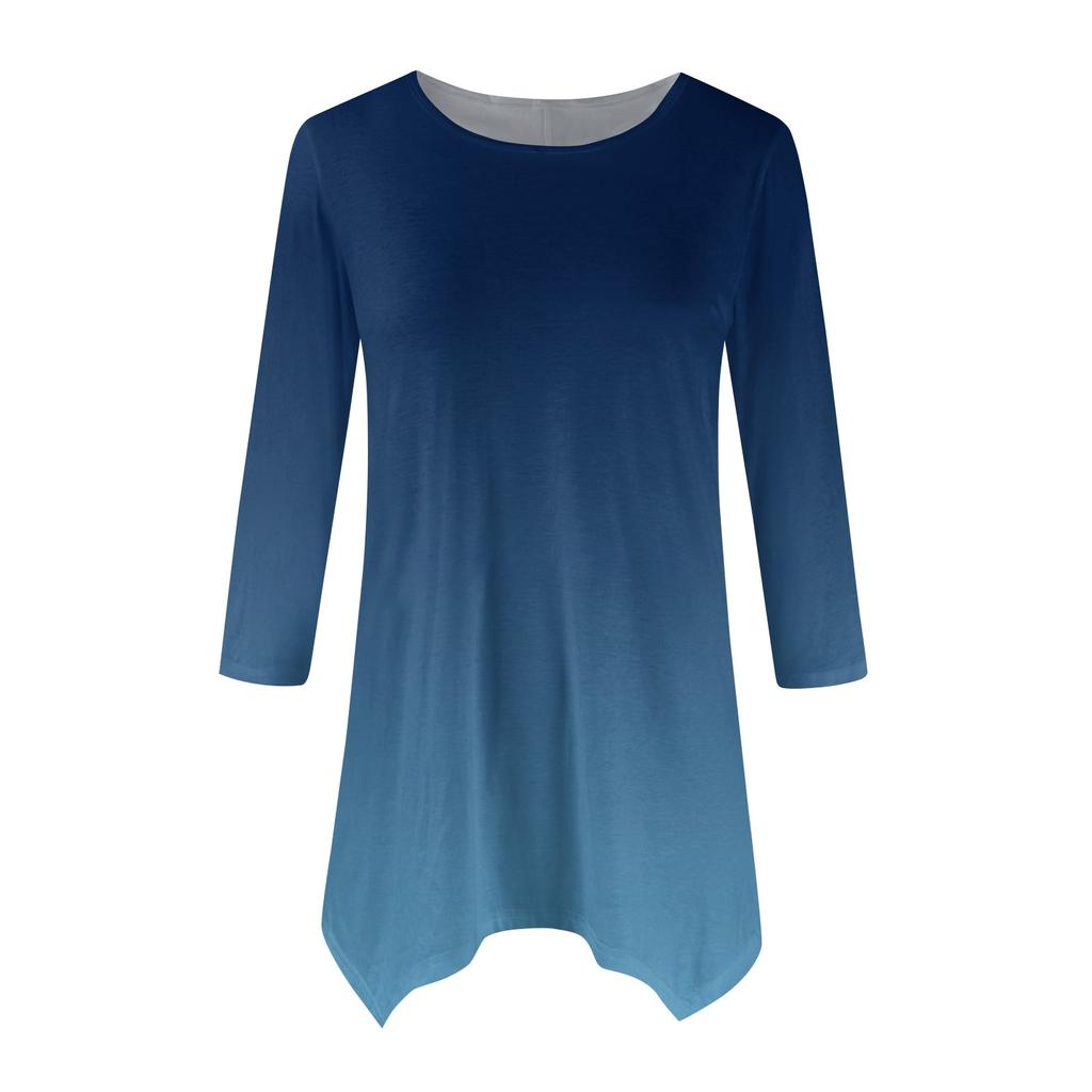 Women's Fashion Casual Crew-neck Gradual Print Seven-point Sleeve Shirt Belted Loose Comfortable Top