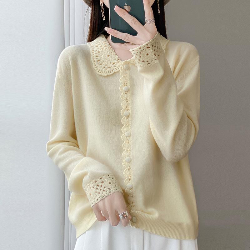 2026 Spring/Autumn Women's Crochet Lace Collar Mercerized Wool Cardigan, Machine Washable Knit Jacket.