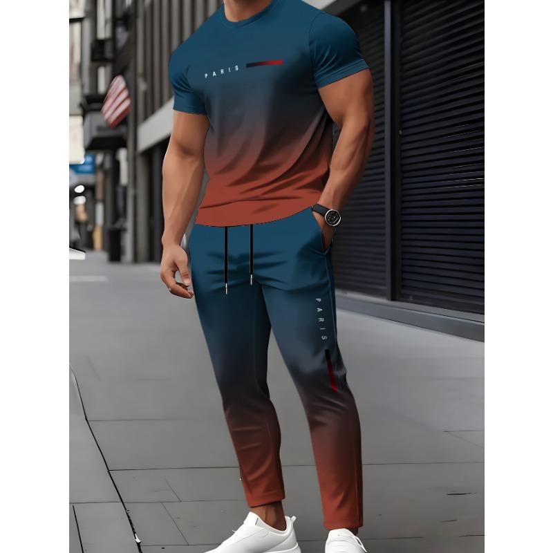 Men's Short Sleeve Round Neck T-Shirt and Pants Set with 3D Print, Elegant Casual Round Neck Design with Slightly Elastic Knit