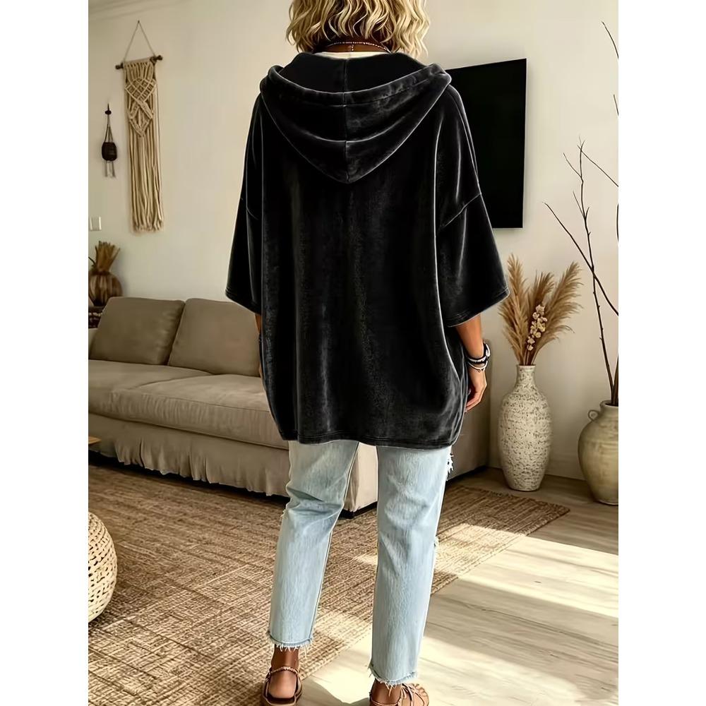 Damska gładka welurowa bluza z kapturem i rękawem 3/4, casualowy top hoodie na jesień zimę