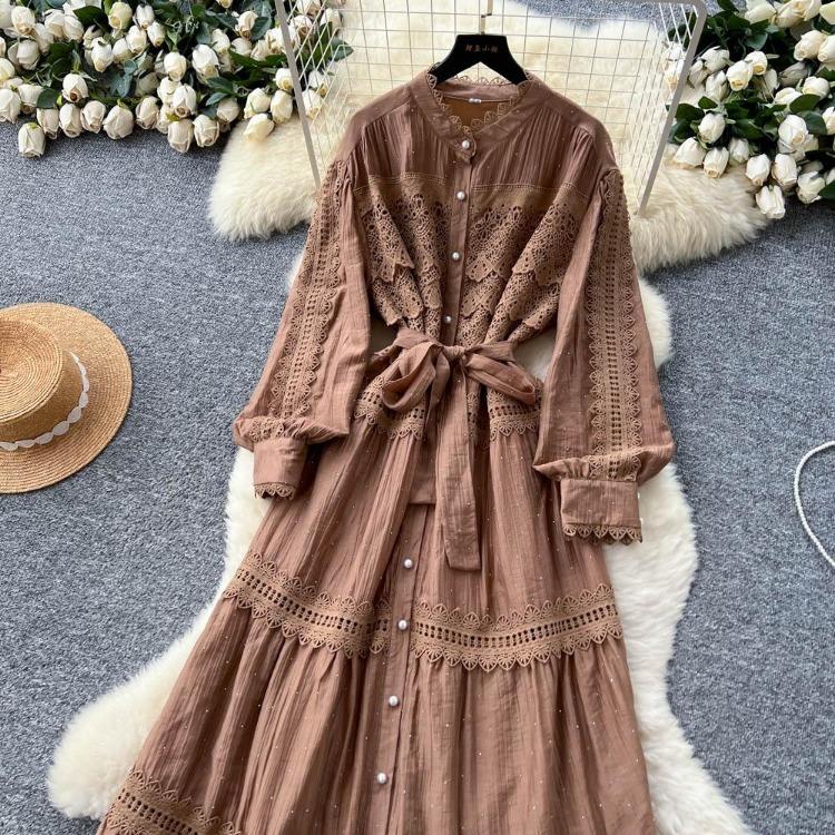 Sexy Vintage Lace Lace Up Glitter A Line Long Sleeve Beach Dress Chic Summer Vacation Vestidos for Women