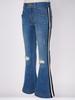Kids Girls Casual Stripe Side Long Pants Elastic Waistband Ripped Bell-bottom Hem Denim Pants