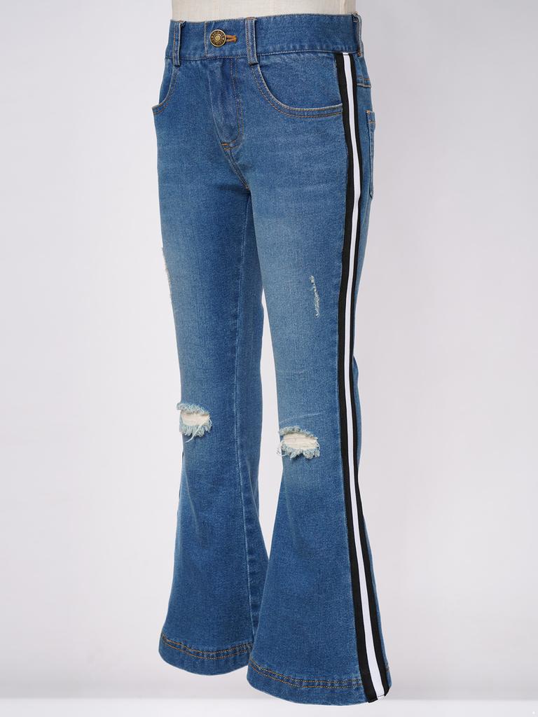 Kids Girls Casual Stripe Side Long Pants Elastic Waistband Ripped Bell-bottom Hem Denim Pants