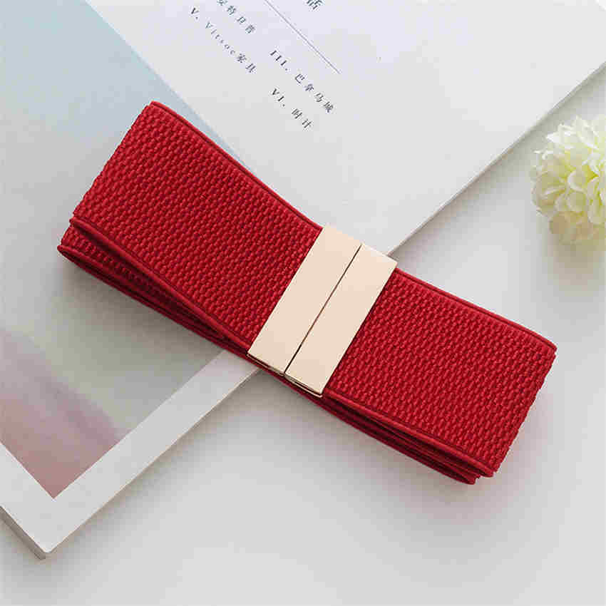 Fashion Females Elastic Wide Belt Women Waistbands Black Strap Gold Buckle Cummerbund