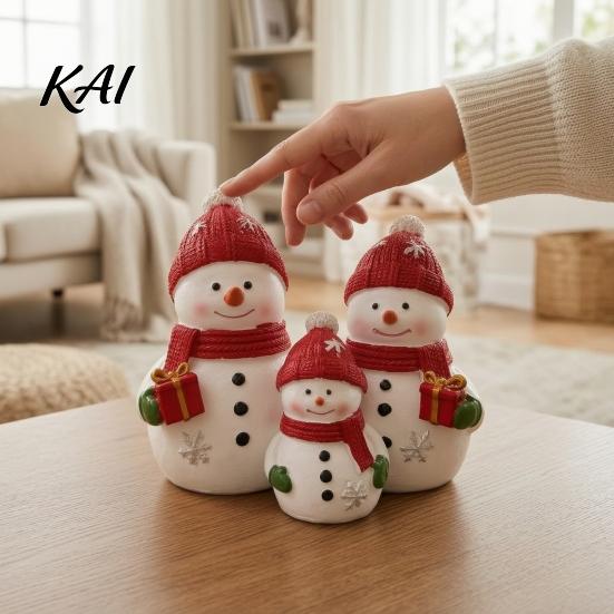 Winter Wonderland Decorations Christmas Resin Snowman Figurine, Cute Family of 3 Statue with Santa Party Supplies Hat, Red Scarf, Holiday Tabletop