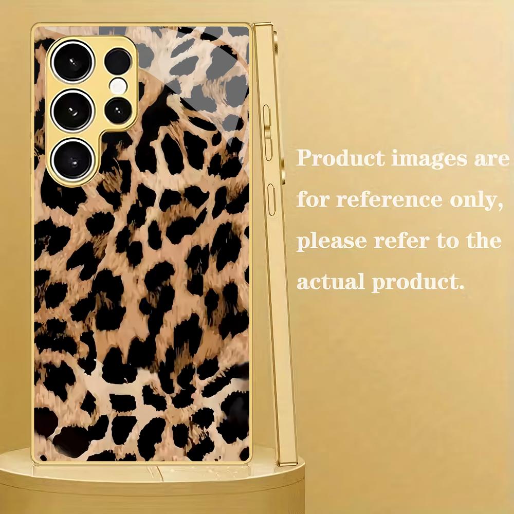 Leopard Print Splicing Electroplated Glass Phone Case Suitable for Samsung Galaxy S26 S25 S24 S22 S21 S20FE/Ultra/Plus Anti Drop
