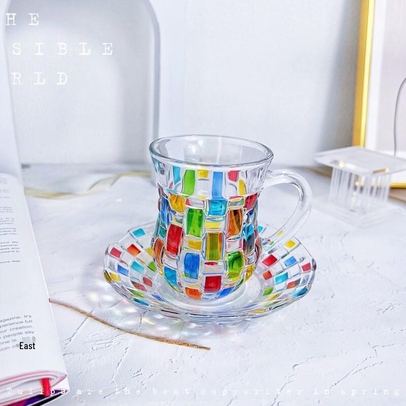Dairien Hand-Painted Rainbow Square Glass Cup with Saucer