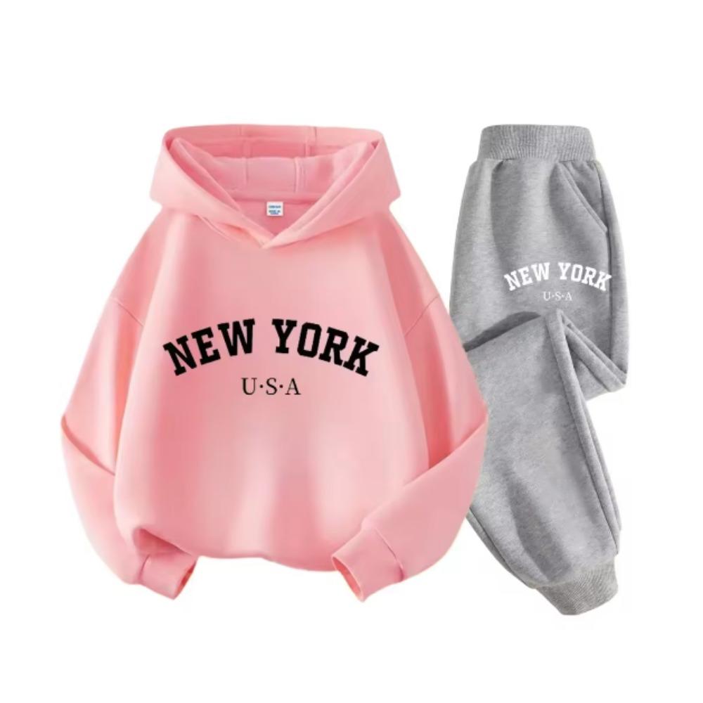 Children's Letter Print Boys and Girls Hooded Suit Autumn and Winter Long-sleeved Sweatshirt + Pants Sweatshirt Two-piece Set