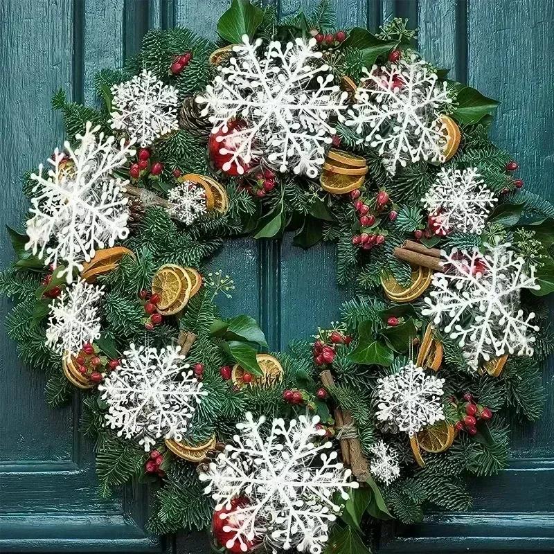 Plastic White Snowflakes Christmas Ornaments Xmas Tree Hanging Pendant Artificial Glitter Snow Flake Home DIY Wreath Decoration