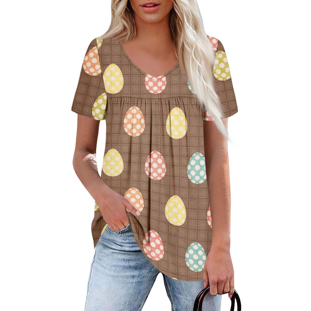 Ladies' Casual V-neck Short Sleeved Shirt With Pleated Easter Print On The Chest