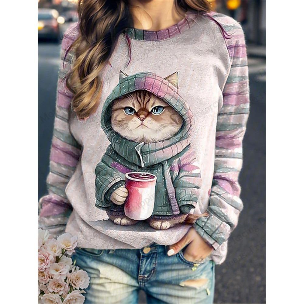 Lustige Cartoon-Katzen 3D-gedruckte Sweatshirts für Damen, modische Tier-Sweatshirts mit Rundhalsausschnitt für Damen, lässige Langarmbekleidung
