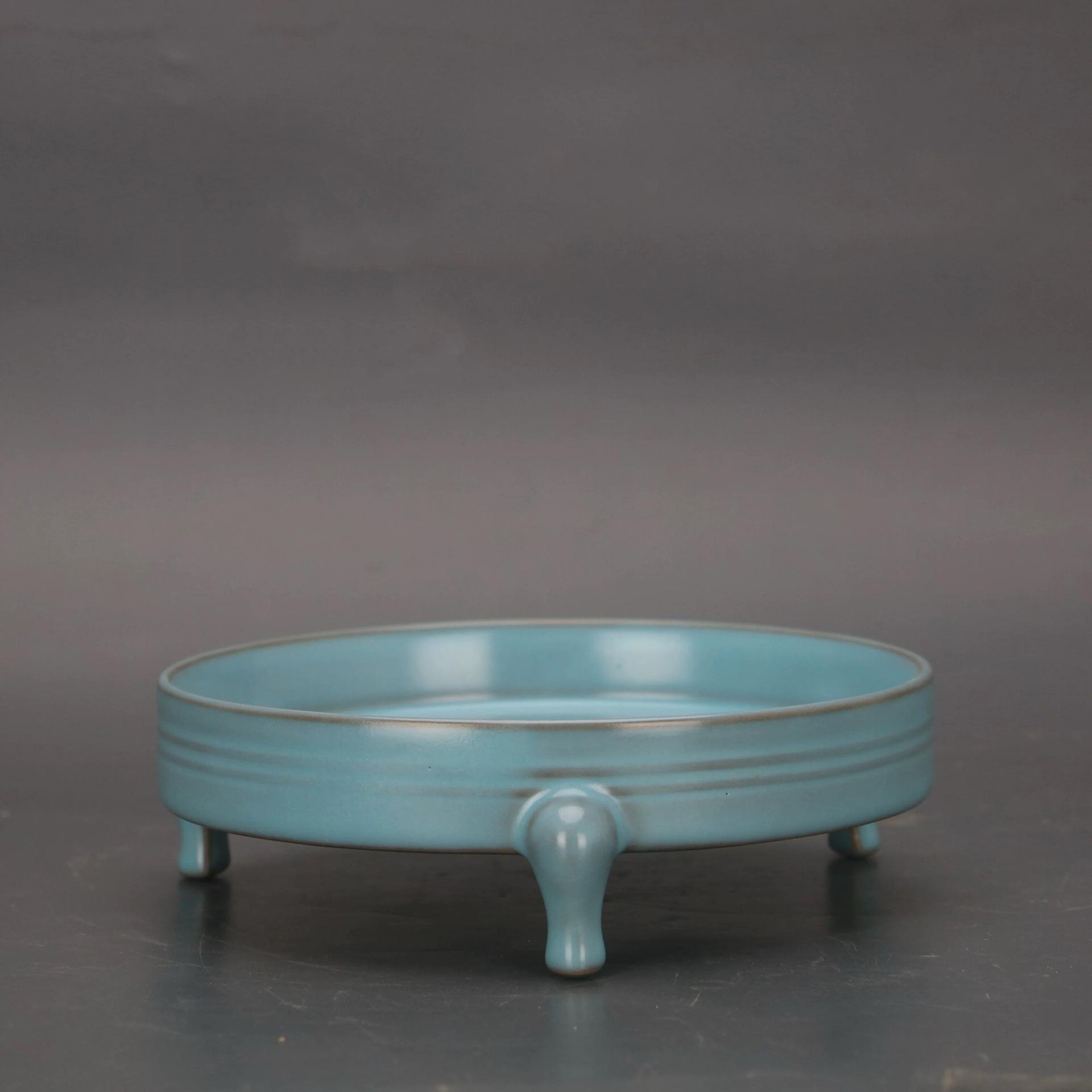 

Handcrafted Blue Glazed Three-Legged Washbasin Replica from Song Dynasty Ru Kiln