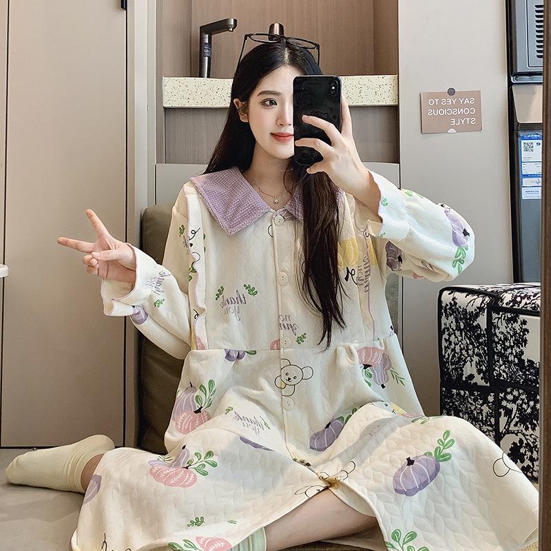 New Style Air Cotton Maternity Nursing Nightdress – Long Sleeve, Suitable for Autumn/Winter, Perfect for Postpartum/Breastfeeding