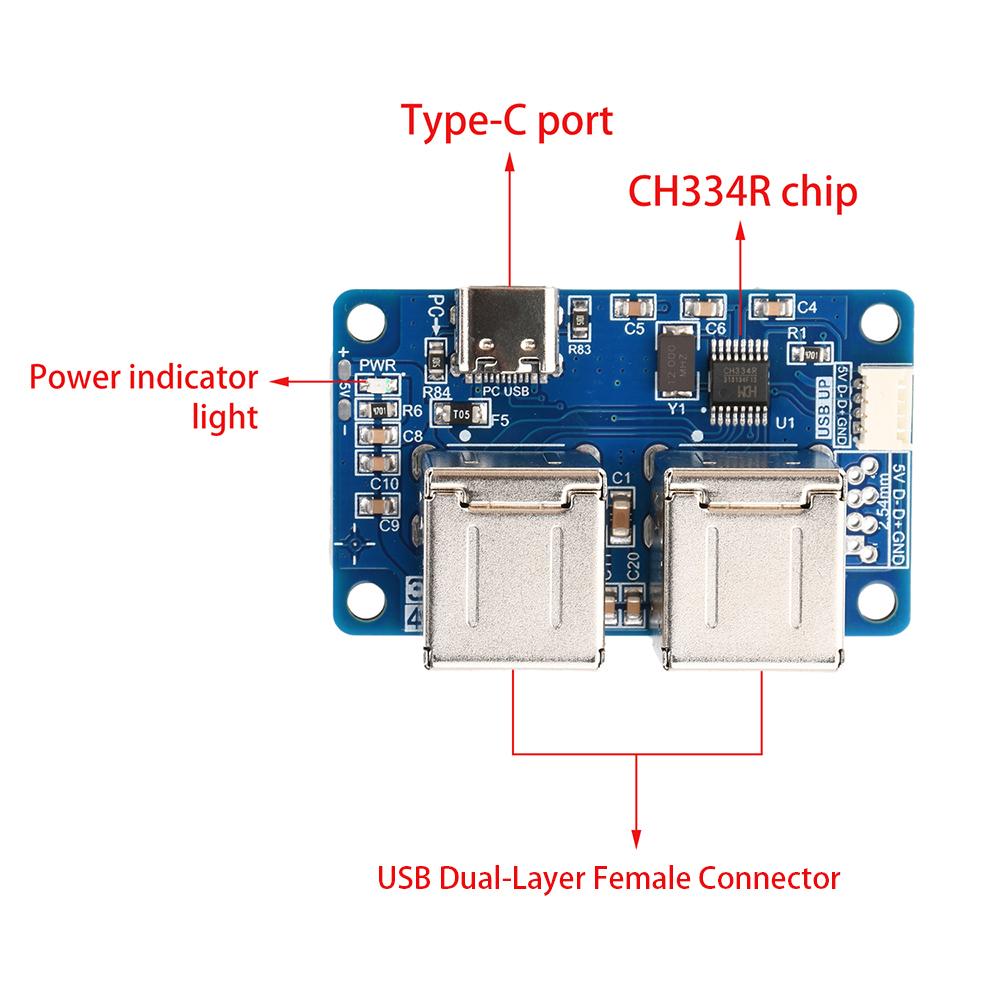 USB 2.0 Hub 1 to 4 Port Hub Splitter Module USB Dual-Layer Plug-and-play Driver-free for Windows 500mA fuse Protection Type-C