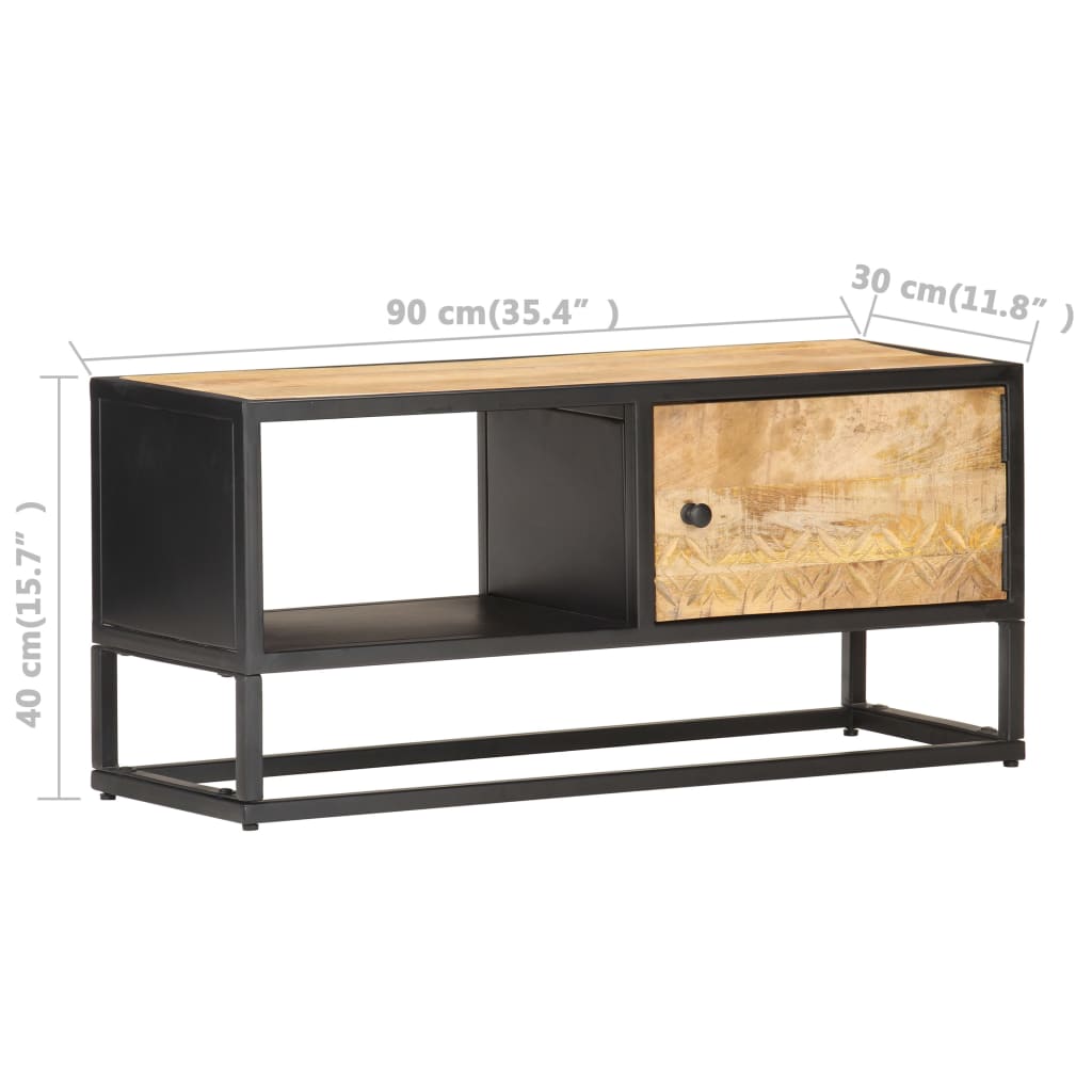 TV Stand with Carved Door 90 X 30 X 40 Cm Rough Mango Wood