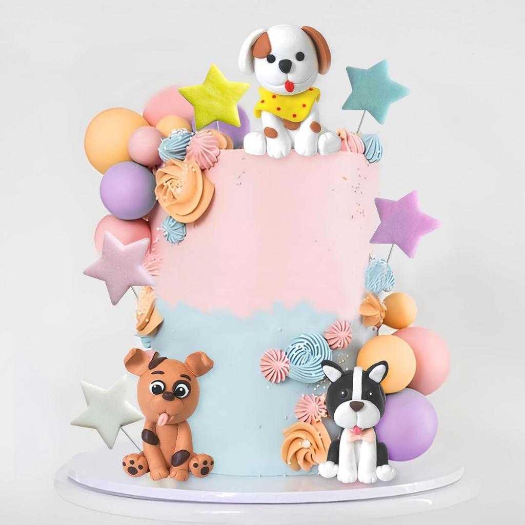 Dog Cake Topper Clay Figurines Puppy Star Yellow Pink Purple Ball Cake Topper for Dog Theme Birthday Dog Pet Party Supplies