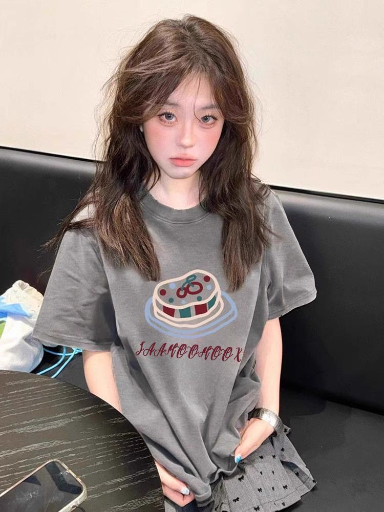 

Women s Pure Cotton Fun Cake Print Short Sleeve T-Shirt, 2025 - Summer Slimming Loose Fit. XL темно-синього кольору