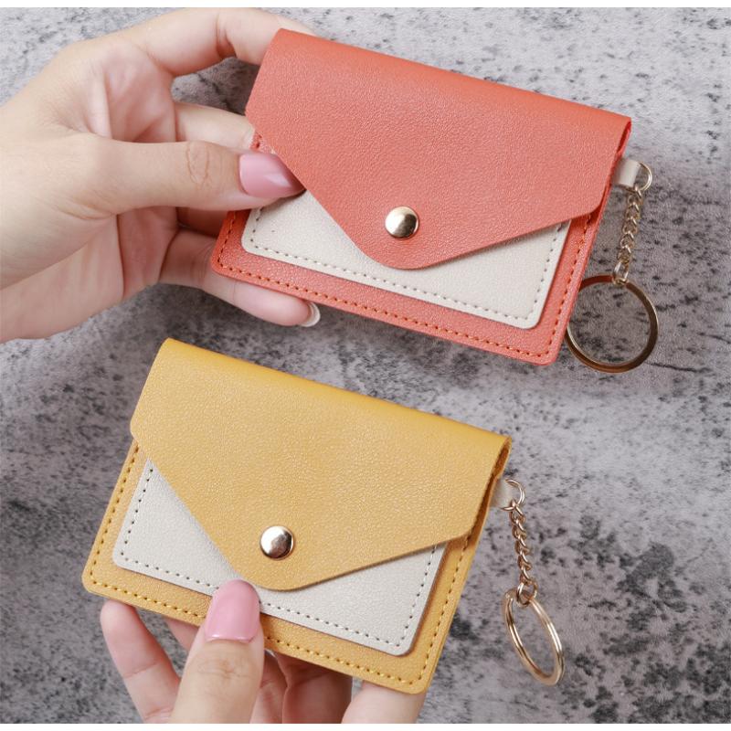 Slim Pu Leather Wallet Business Credit Card Holder Short Purse Leather Id Card Holder Candy Color Coin Case With Keyring