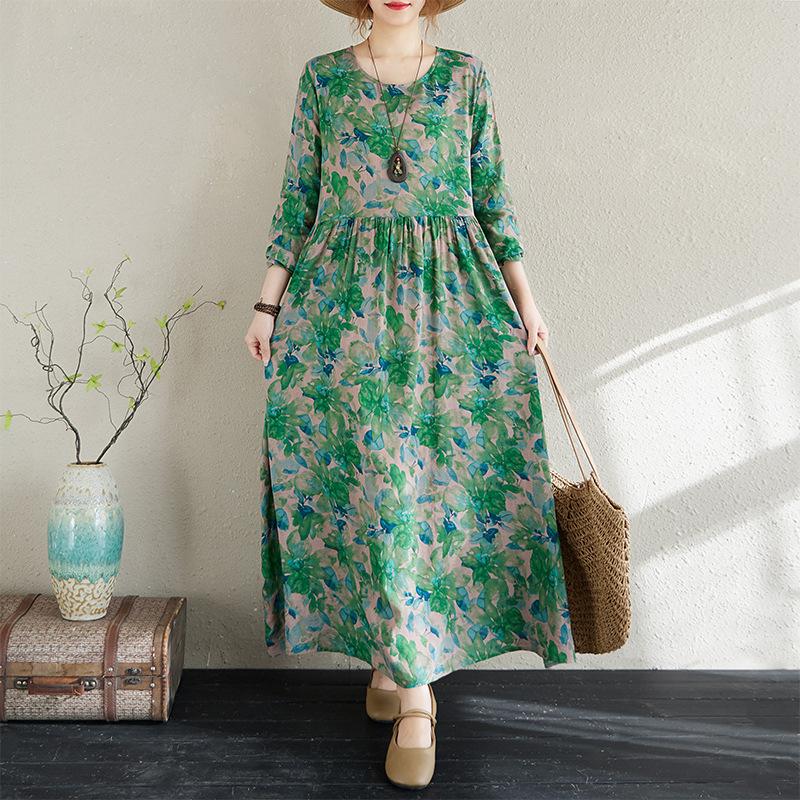 Rochie de vară cu mâneci lungi, stil floral de vacanță, stil de călătorie, guler rotund, casual, retro, cu acoperire de carne, pentru femei