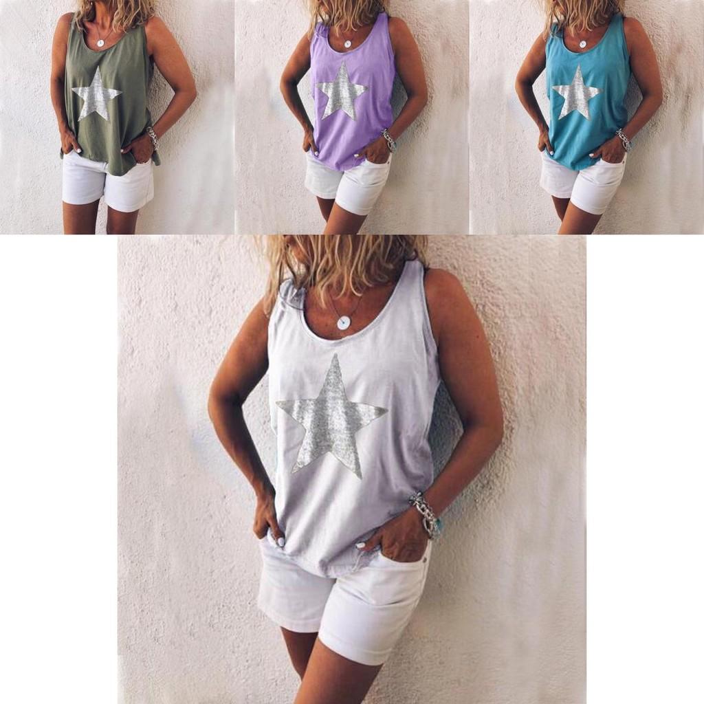 Stylish Plus Size Women Sleeveless Star Print T-shirt In Five Vibrant Colors