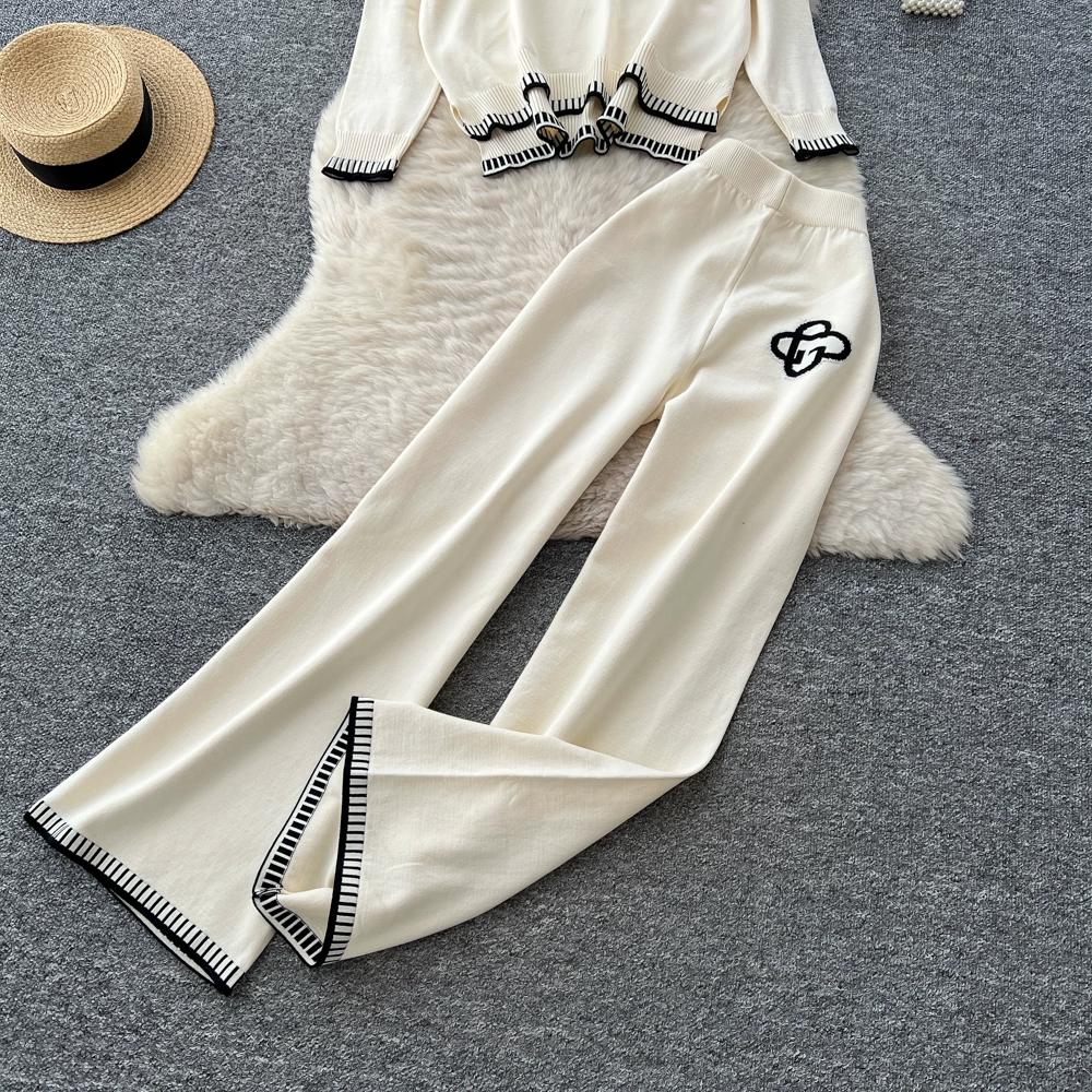 Höst Vinter Dam Casual Stickad Tröja Byxa Tvådelat Set Helärmad Pullover Toppar och Vida Ben Byxor Träningsoverall