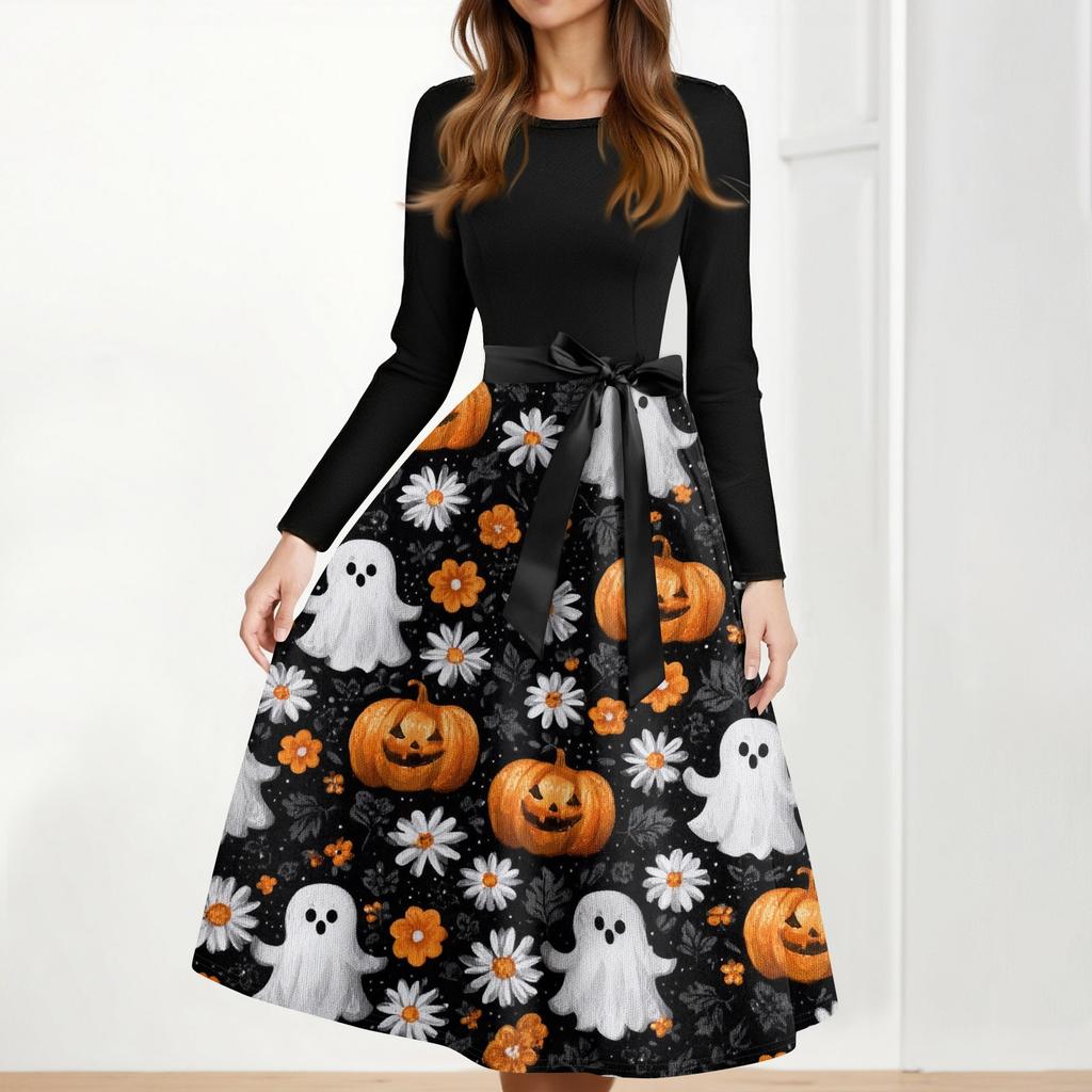 Women's Casual Fashion Halloween Printed Round Neck Vintage Dress