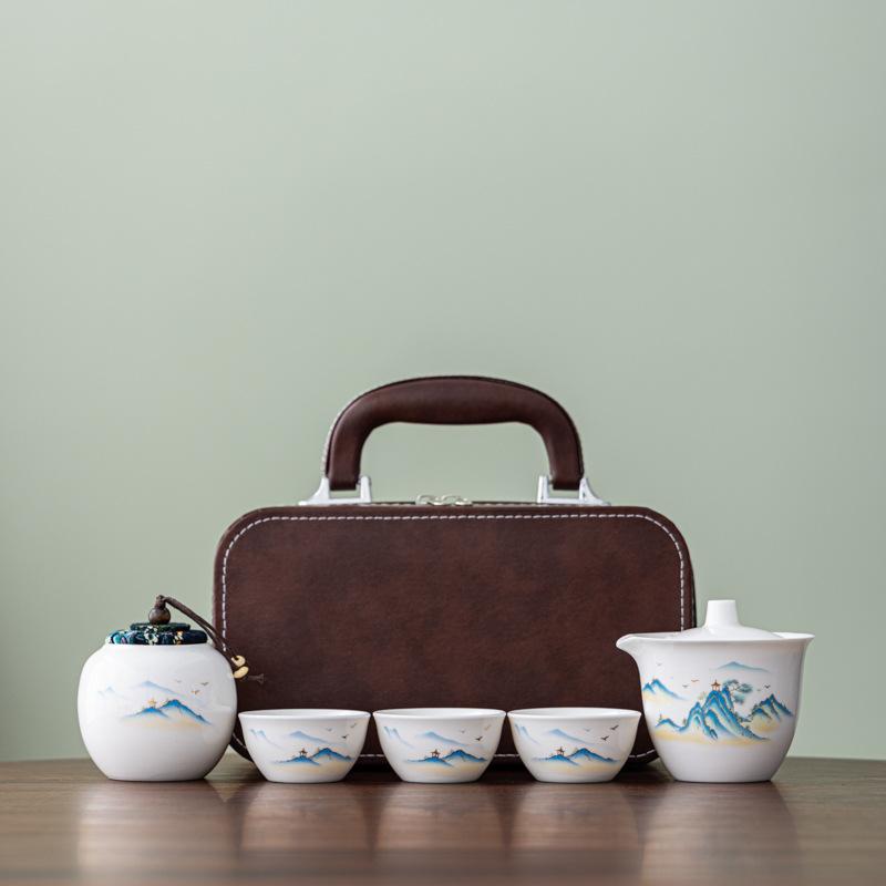 Chinese Style Portable Travel Ceramic Tea Set Household Outdoor Tea Brewing Vintage Kung Fu Teapot and Tea Cup Set Gift Box Set