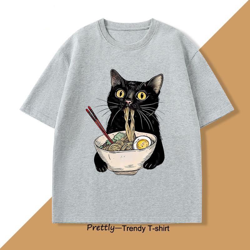 Nudel Katze T-Shirt Ramen Katze T-Shirt Foodie Liebhaber Grafik T-Shirts Retro Druck Herren Damen T-Shirt Baumwoll-T-Shirts Lockere Kleidung
