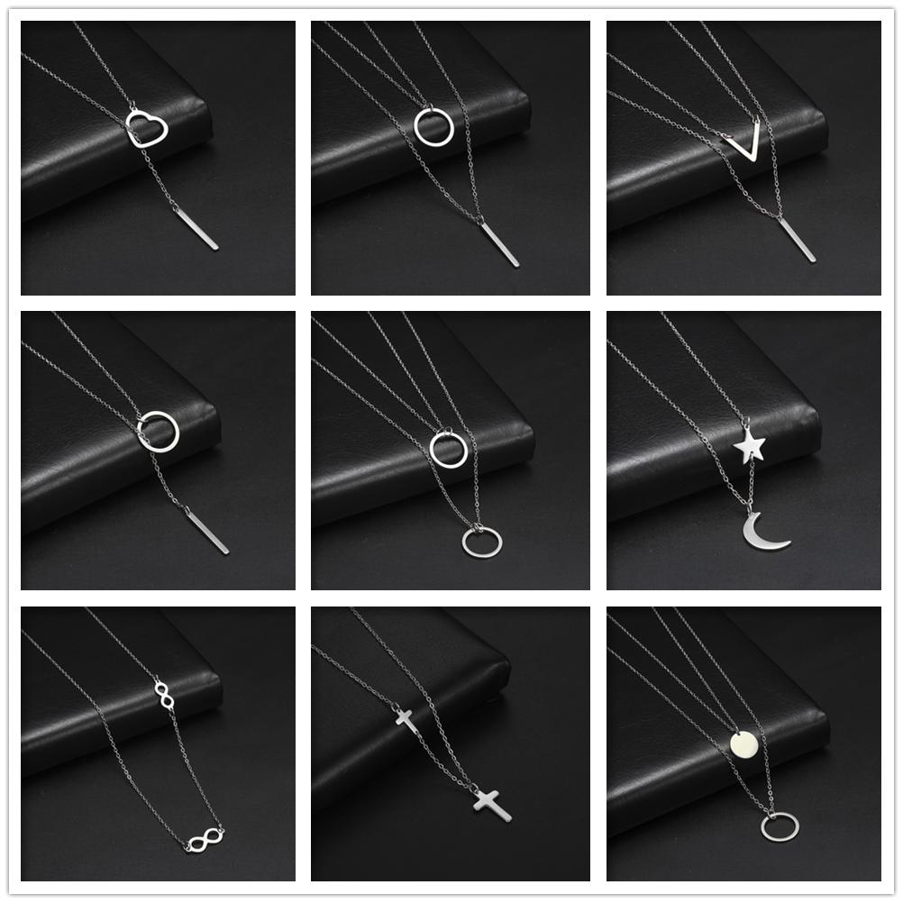 LIKGREAT Multi Layers Bar Coin Pendant Necklace Moon Star Cross Neckchain for Women Stainless Steel Chain Choker Jewelry NotFade