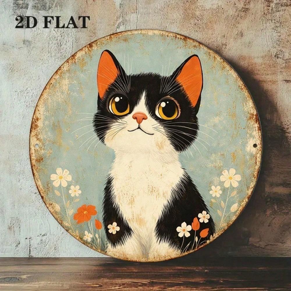 Vintage Black White Cat Floral Round Tin Sign 8x8in Cute Aesthetic Wall Art For Cafe Bar Bedroom Home Decor