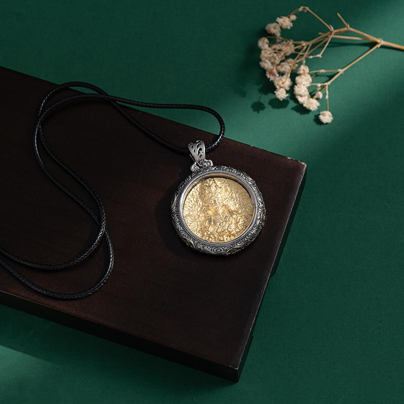 JMXD-Inlaid Copper Tibetan Zakiram God of Wealth Round Necklace, Retro Personalized Men's and Women's Safety Pendant