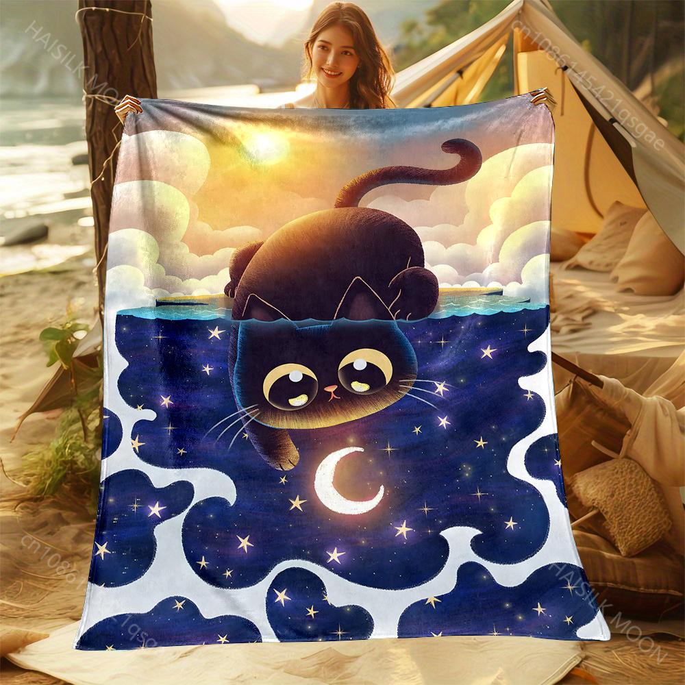 1PC Black cat gazes stars Print Adult Children Warm Blankets Home Travel Car Soft and Comfortable Suitable for all seasons