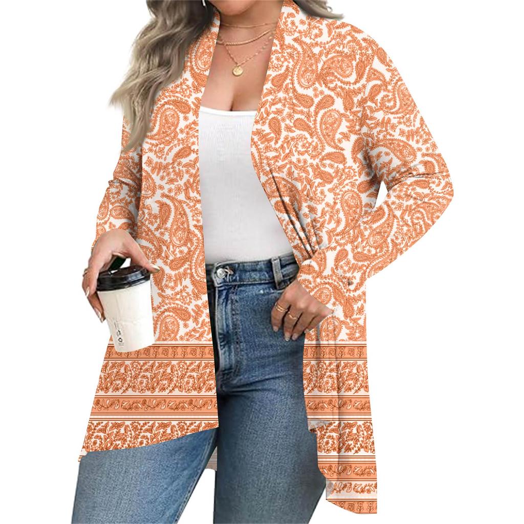 Women's Fall And Winter Fashion Casual Print Long Sleeve Mid-Length Cardigan Jacket