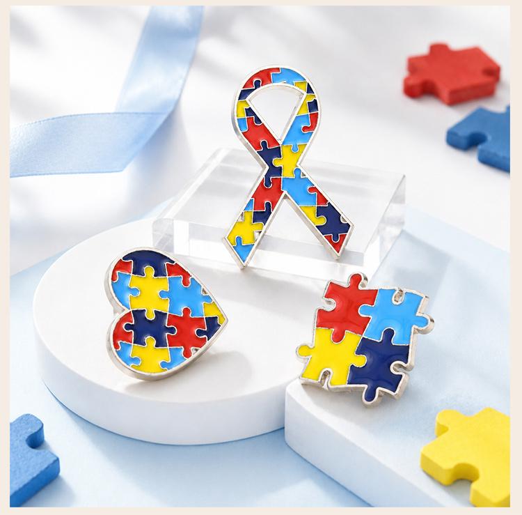 Autism Awareness Brooch Pin, Colorful Jigsaw Puzzle Ribbon Heart Enamel Badge, Fashion Jewelry Gift for Medical Teacher