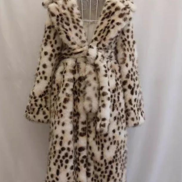 

Women s Leopard Print Faux Fur Long Coat with Suit Collar and Tie Waist 2XL