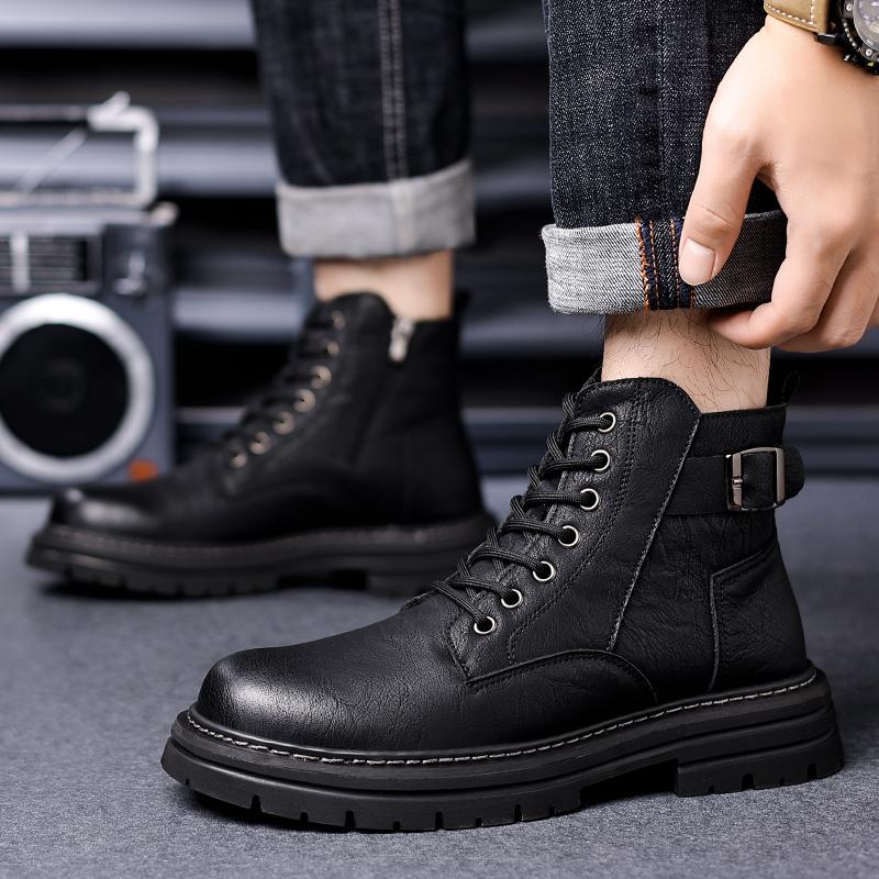 Fashion Lace Up Short Basic Boots Men Outdoor Platform High Top Sneakers High Quality Motocross Boots Leather Male New Walking Boots