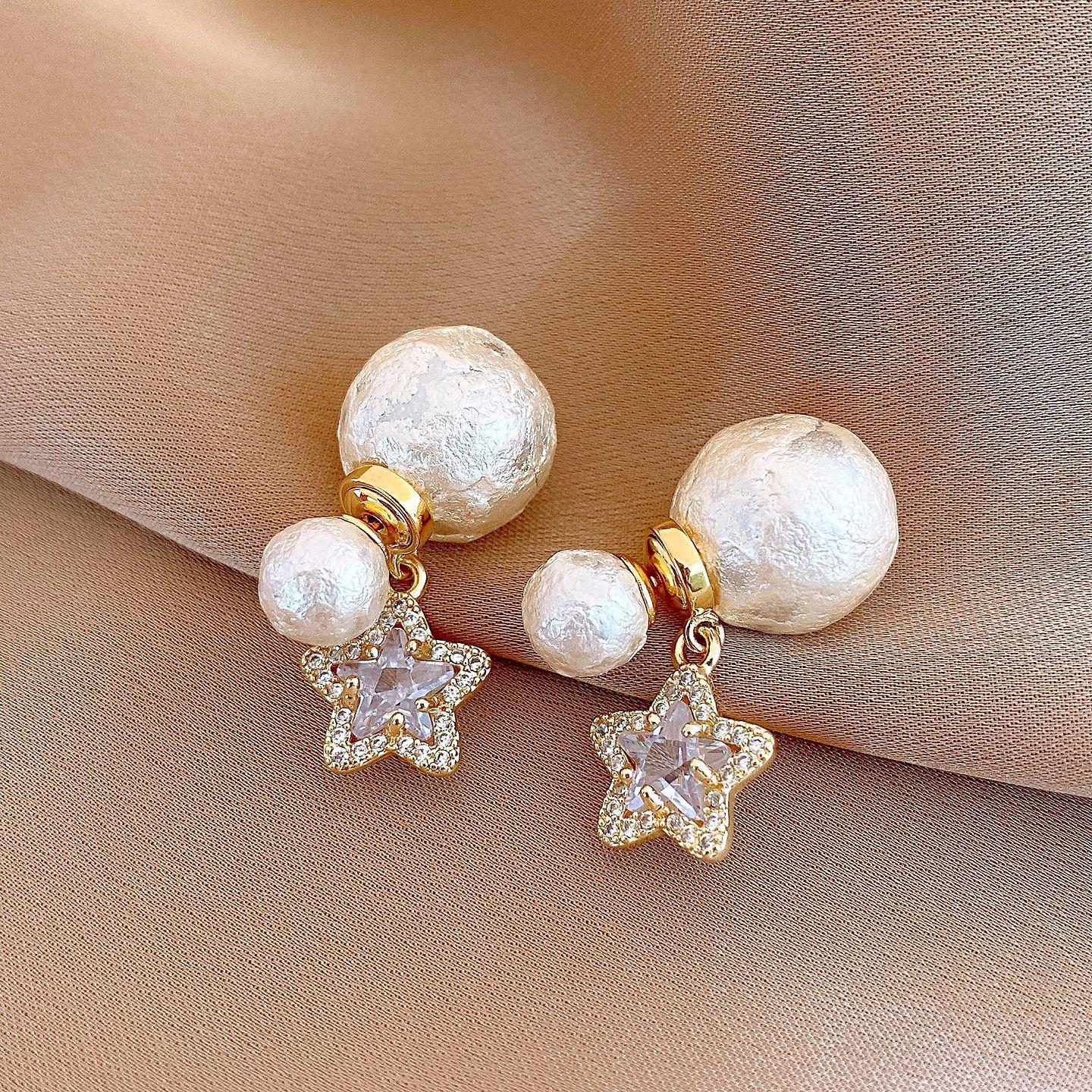 Korean temperament zircon star pearl earrings light luxury stud earrings retro temperament versatile earrings women
