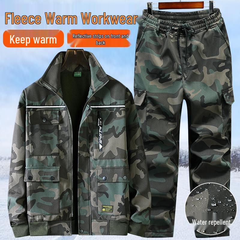 Men's Winter Camouflage Workwear Suit - Cotton, Thick, Fleece-Lined, Warm, Wear-Resistant Labor Protection Outfit.