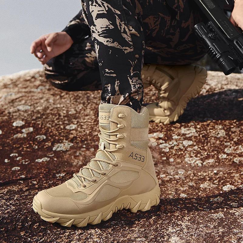 Fashion High Quality Men's Brand High-Top Leather Boots Breathable Desert Combat Men's Boots Outdoor Shoes Non-slip Hiking Ankle Boots