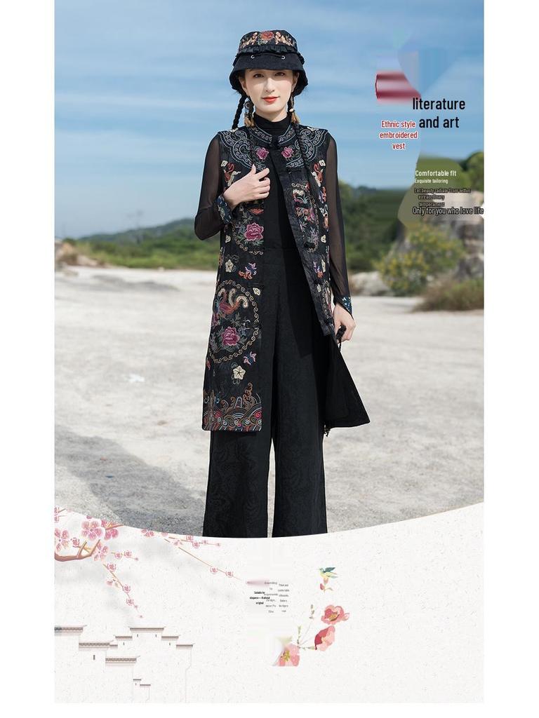 2025 Ethnic Embroidered Frog Button Sleeveless Vintage Mid-Length Vest