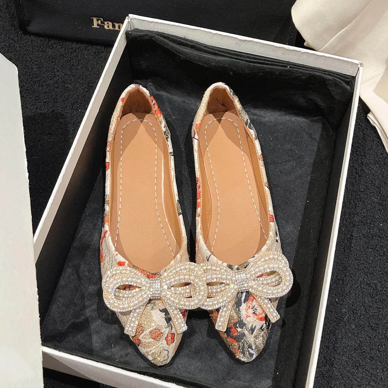 

Повседневные туфли на плоской подошве с бантом, женские, весна-лето, ретро, с заостренным носком, мягкая подошва, со стразами, обувь Sapato Zapatos 2024 40 золотистый