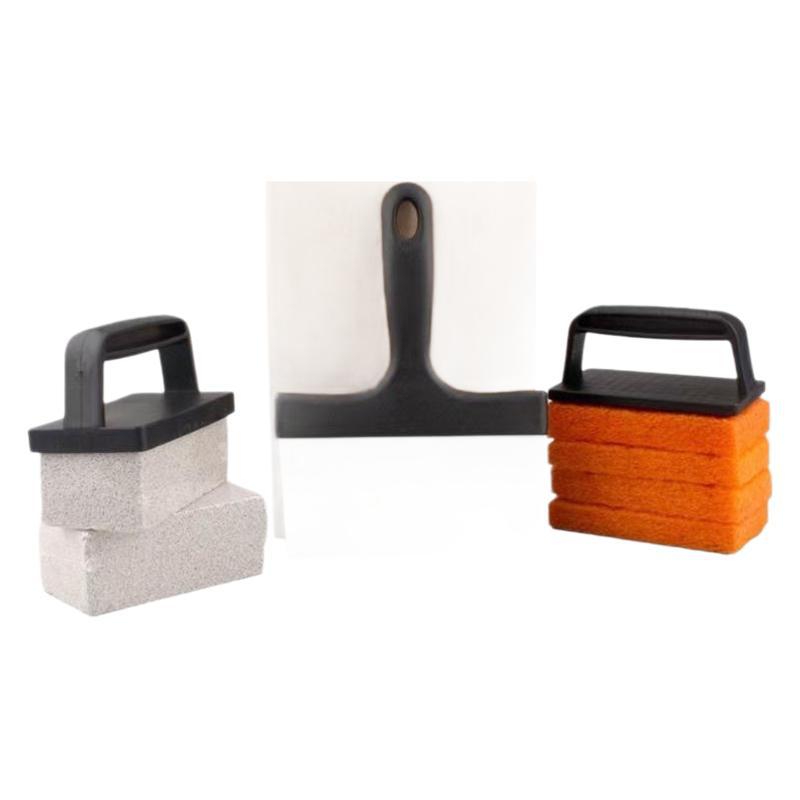 Grillreinigung Set - mit Griff Grillspachtel, Netzreiniger, Schwammbürste und Reinigungsspachtel Set - für Eisen Grillgutreinigung