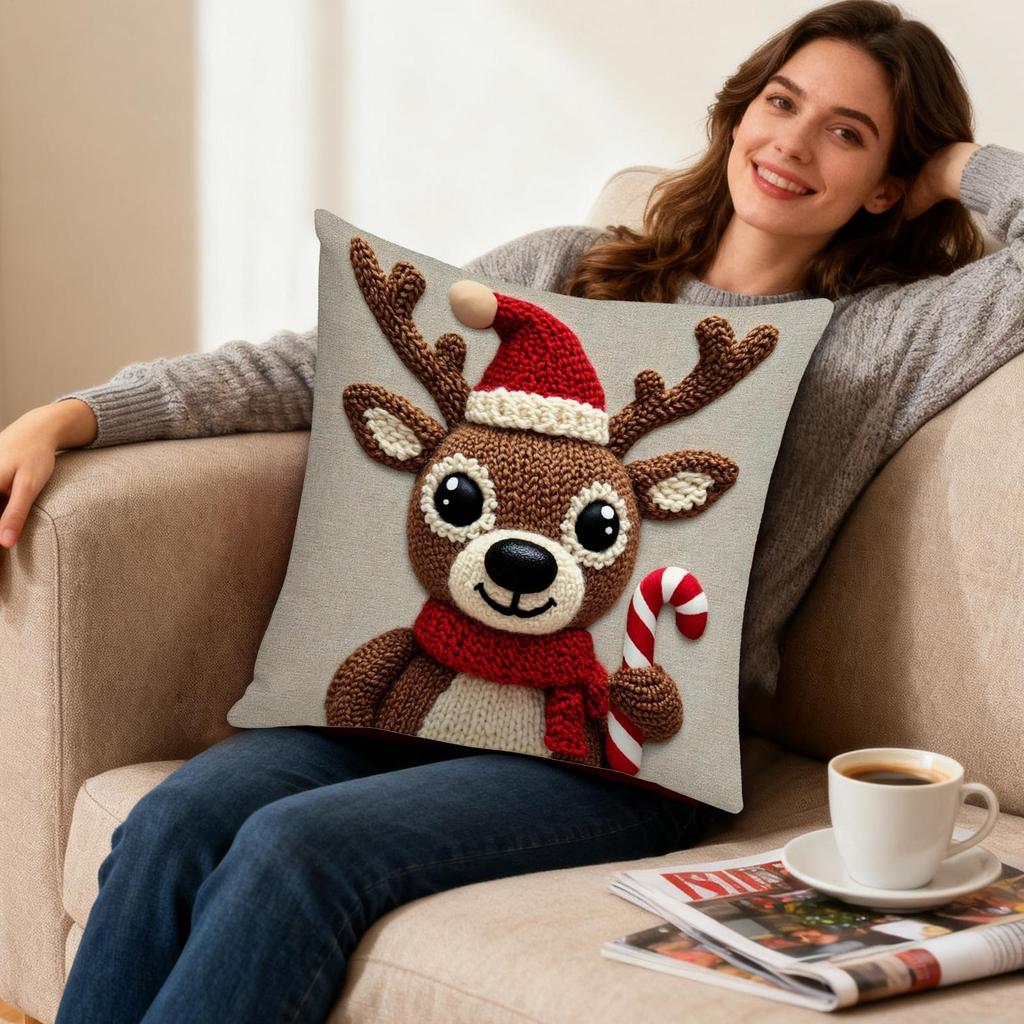 Christmas Pillow Cover 18x18 Inch Linen Soft Elk Deer Pattern Cushion Case Farmhouse Holiday Home Living Room Decor Xmas Gifts