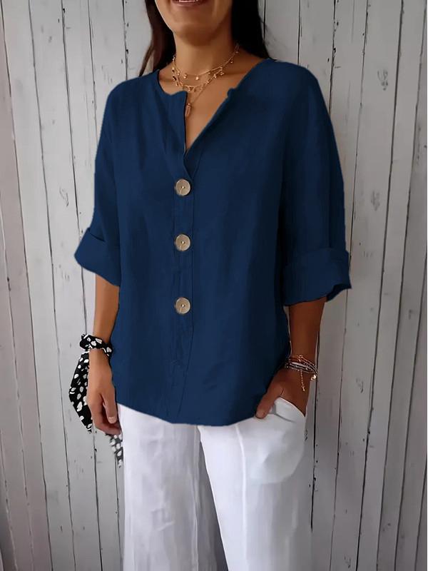 2026 Women s Loose V-Neck Cotton Linen Button Top - Comfortable Casual Summer T-shirt S