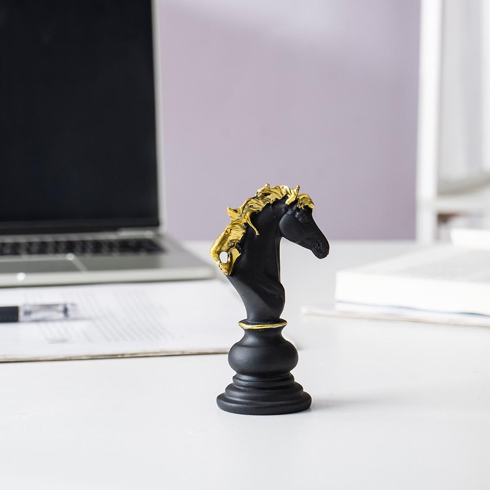 Small International Chess Resin Ornament - Desktop Decor with King, Queen & Horse Pieces