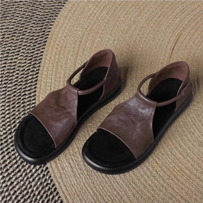 Женские сандалии с открытым носком на плоской подошве, летние, в стиле ретро, из мягкой кожи, удобные, с мягкой подошвой, универсальная женская обувь в римском стиле 37 коричневый