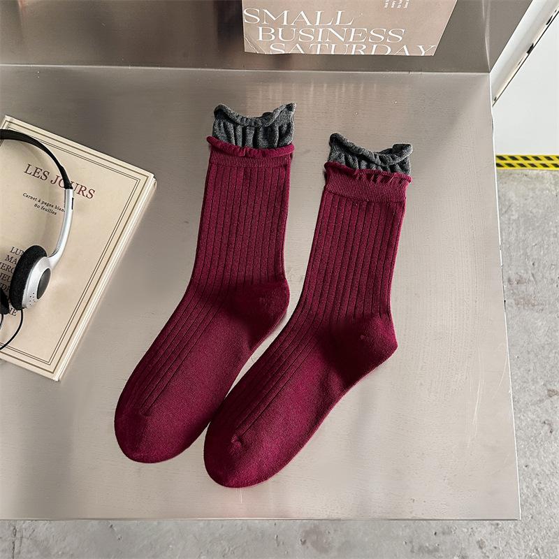 

Две пары красных и цветных носков с имитацией колор-блокинга, двухцветные махровые носки с двойным разрезом, бесшовные носки до середины икры из чистого хлопка 1 pair темно-красного