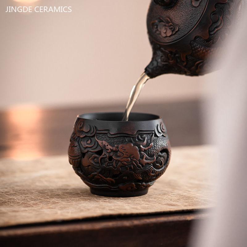 90ml Purple pottery vintage tea cup hand-carved ceramic master cup Traditional dragon phoenix single cup custom tea accessories