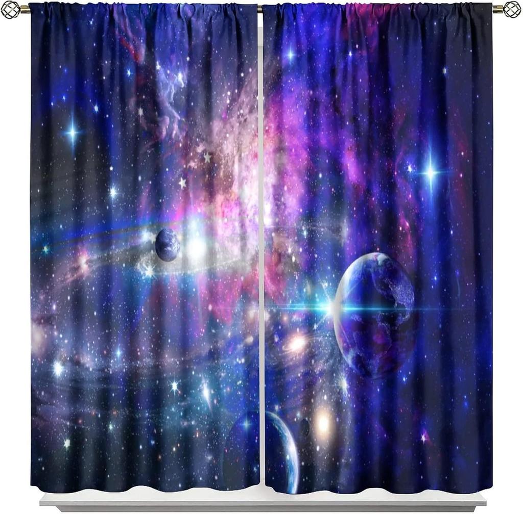 Conjunto de cortinas de porta com tema espacial 2 peças com design de galáxias, cortinas de painel de poliéster para vários tratamentos de janela de sala