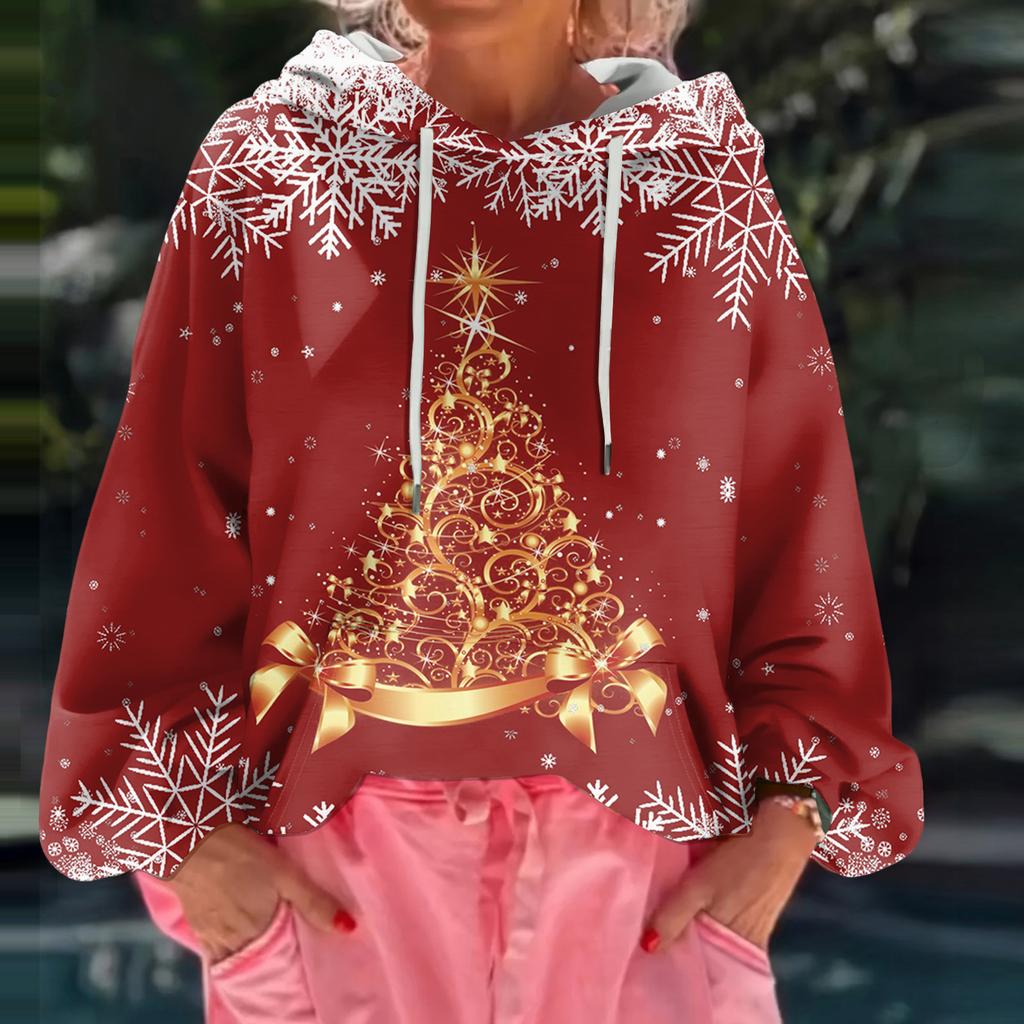 Dámská vánoční potištěná volná ležérní mikina s dlouhým rukávem a kapucí